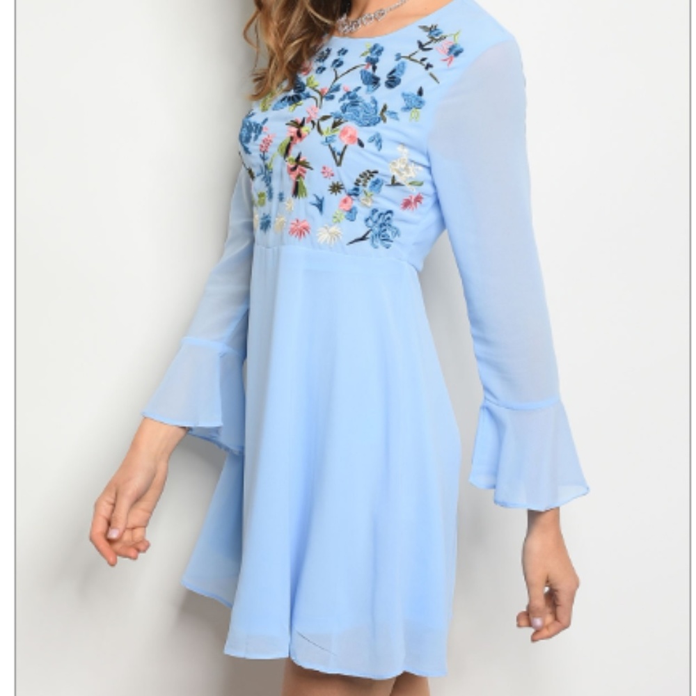 NWT Chiffon Embroidered Flutter Baby Blue Dress